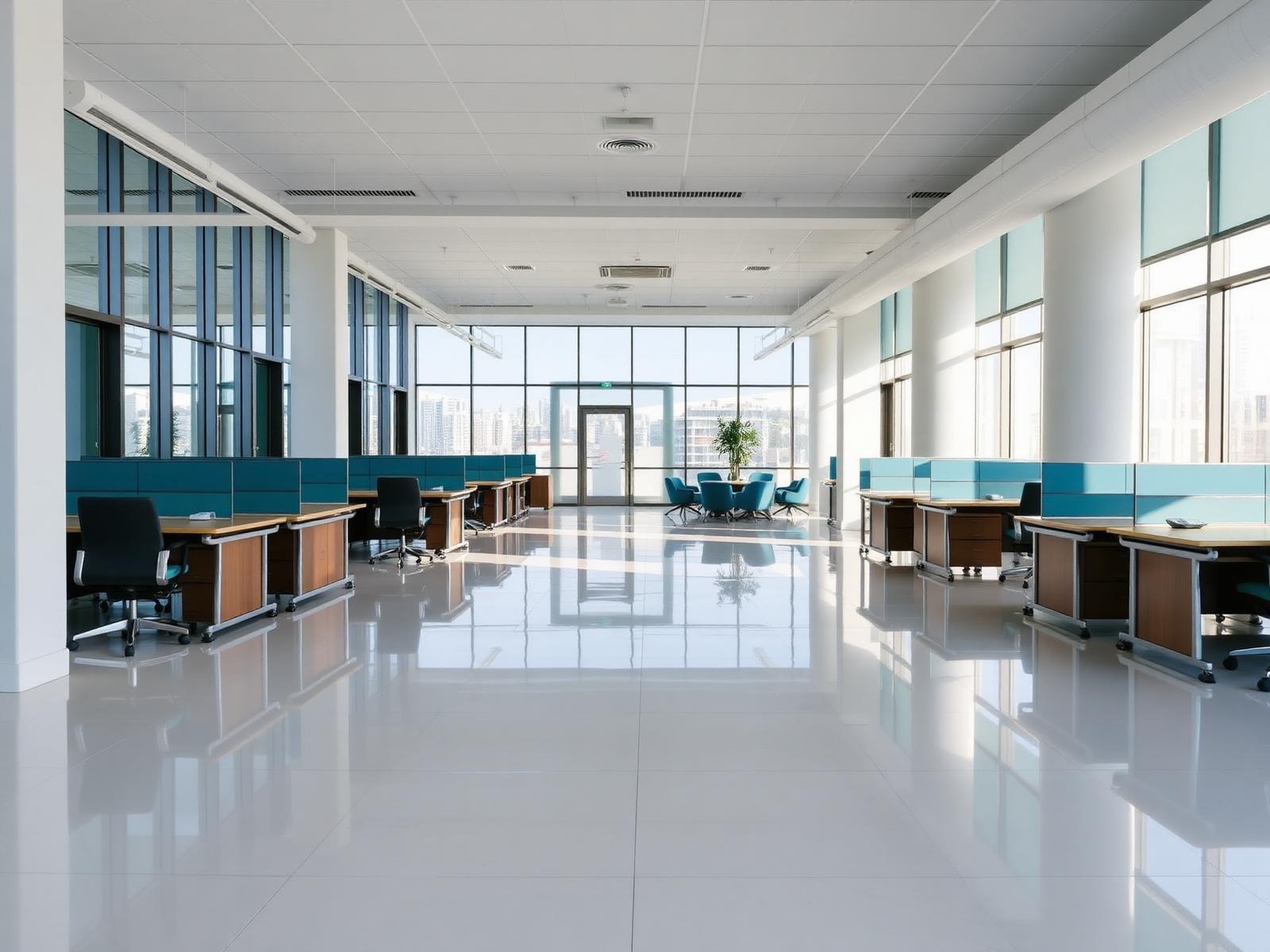 Cleaner servicing a commercial office floor before opening