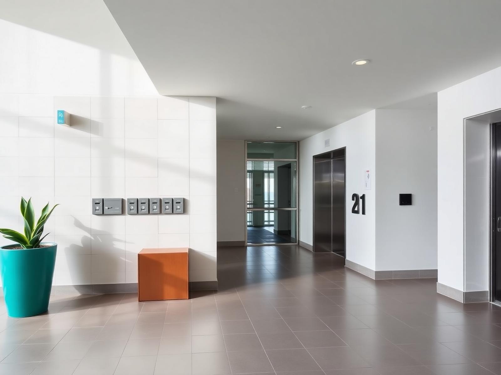 Apartment building lobby with lift doors and mailboxes