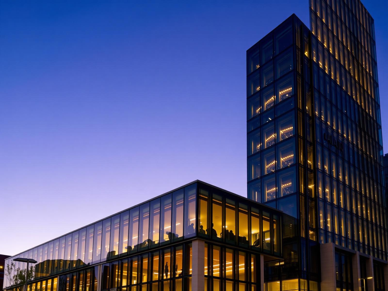 Commercial office tower exterior at dusk