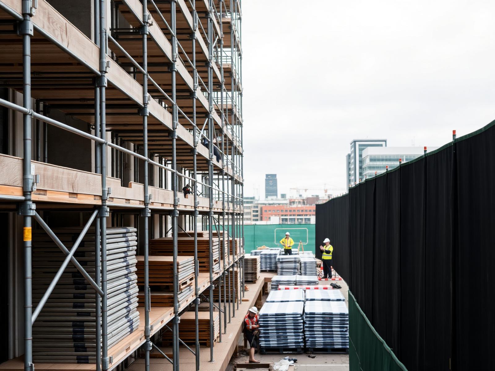 Australian commercial construction site with scaffolding and stacked materials