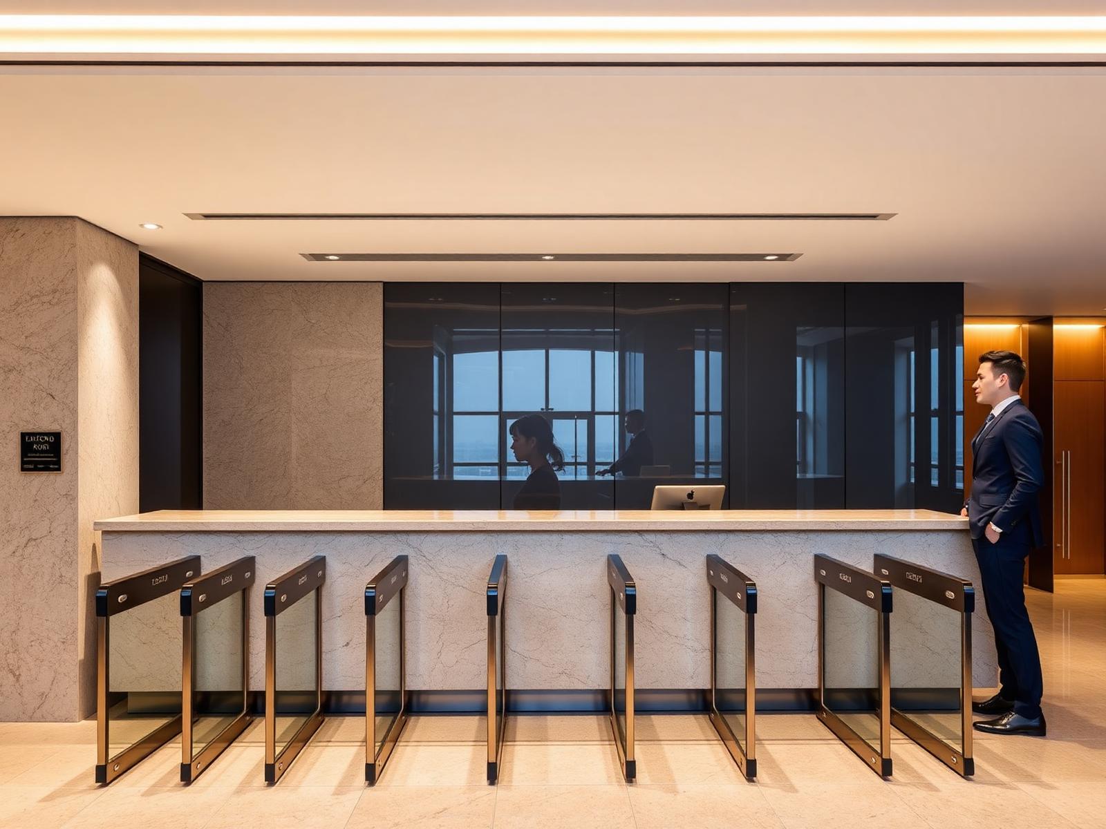 Modern building lobby reception desk with access gates