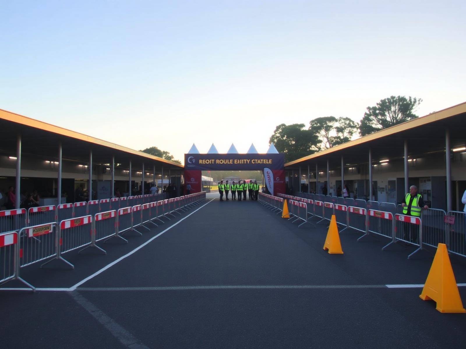 Outdoor event entry plaza with barricade lanes prepared before opening