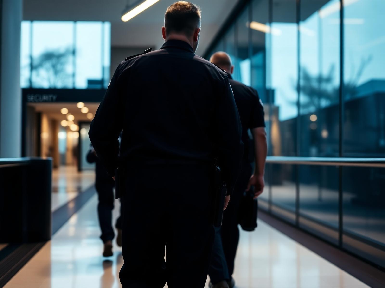 Security officer on patrol in a commercial building at night