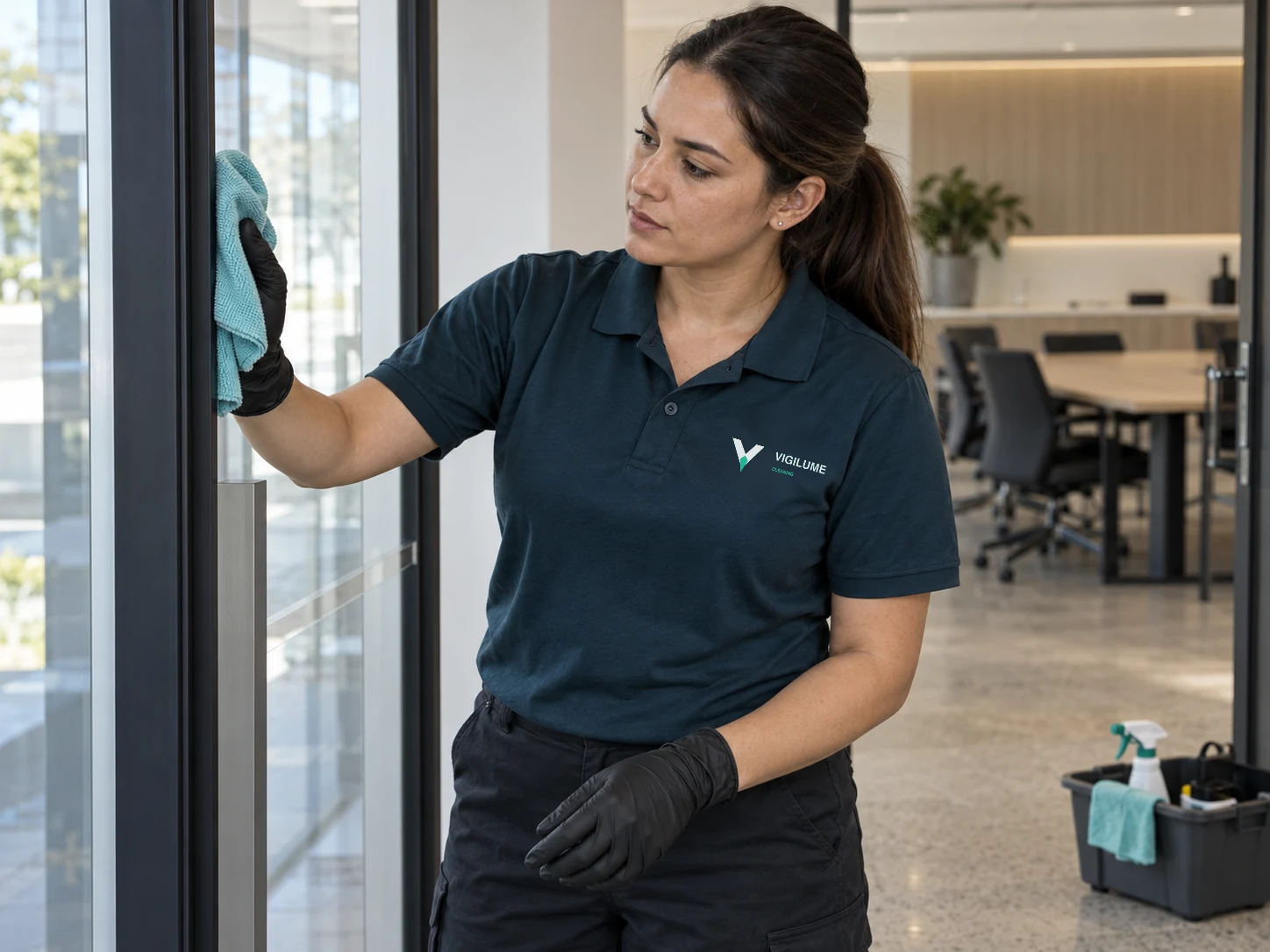 Final-clean specialist detailing a glass door frame in a completed fit-out.