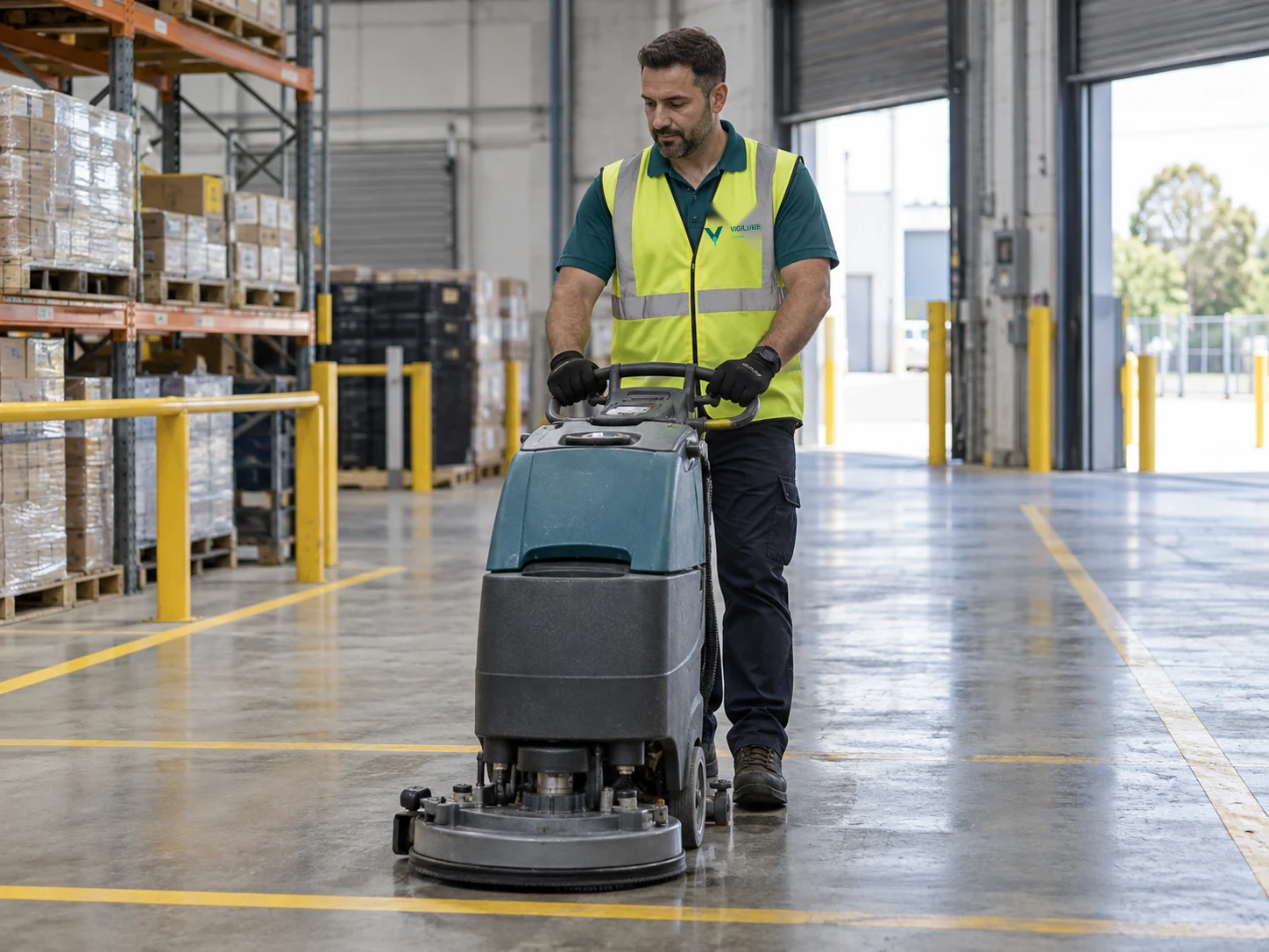 Cleaner using a floor scrubber in a marked warehouse work area.