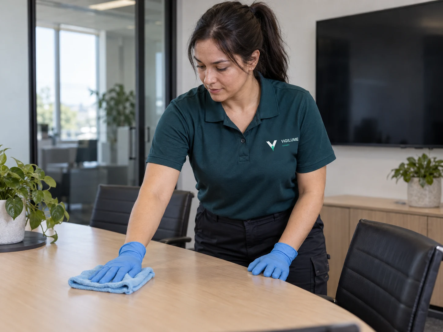 Cleaner wiping a meeting-room table with a microfibre cloth.