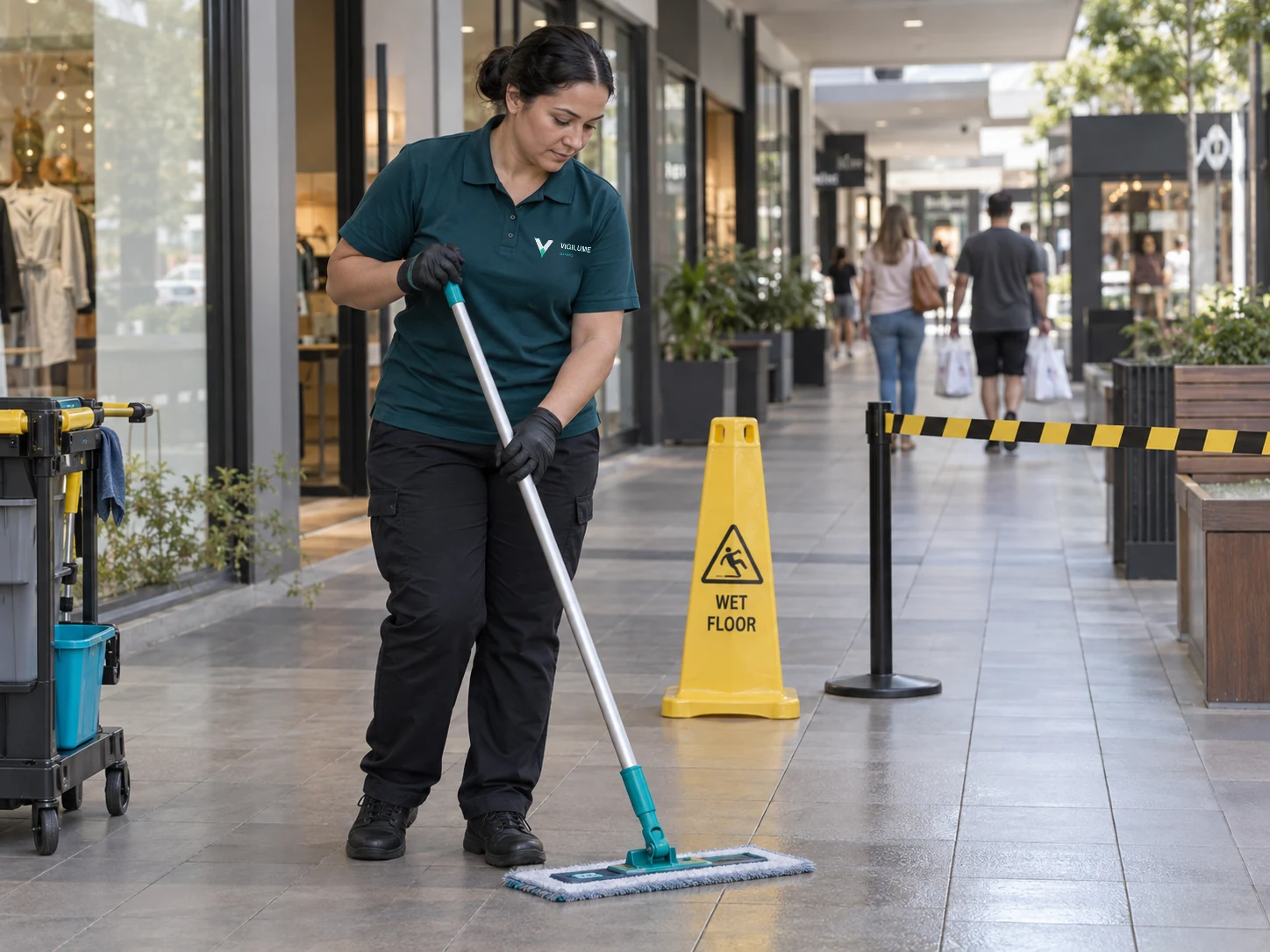 Cleaner mopping a controlled work area in a shopping arcade.