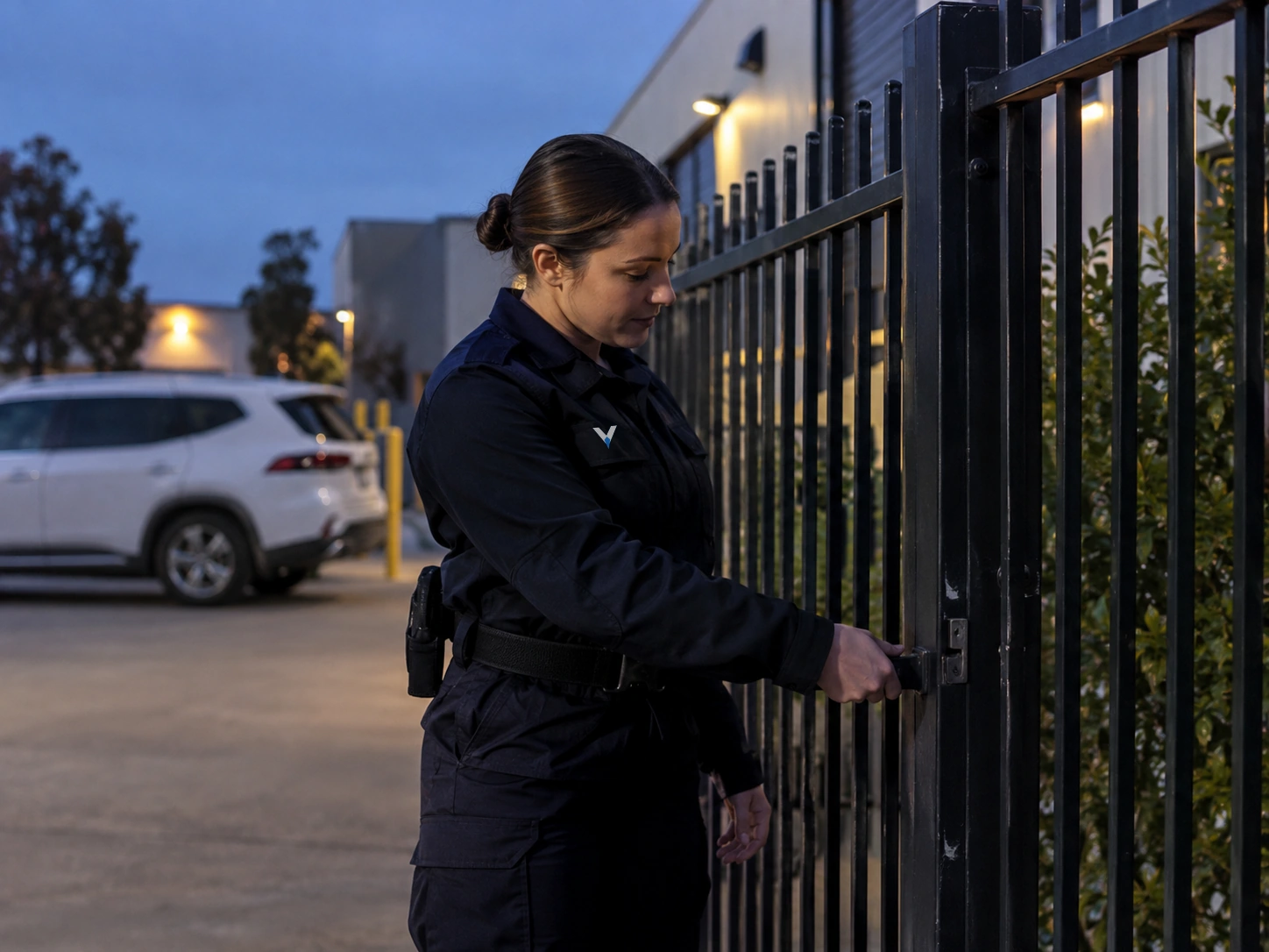 Patrol officer checking a closed warehouse gate at dusk.