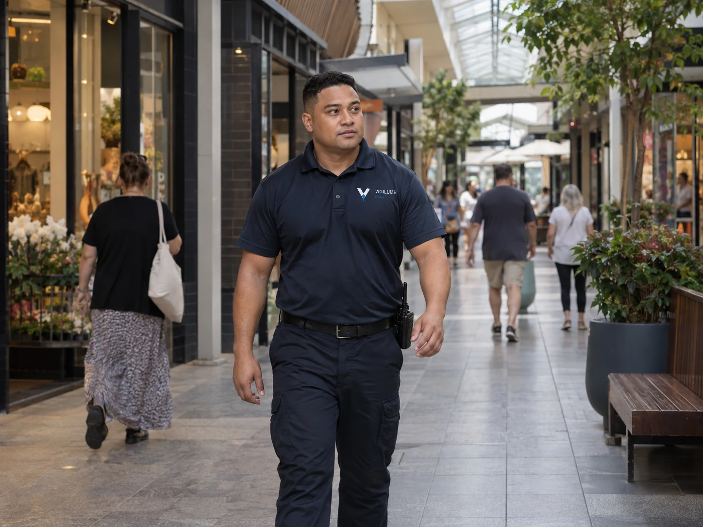 Security officer walking through a neighbourhood shopping arcade.