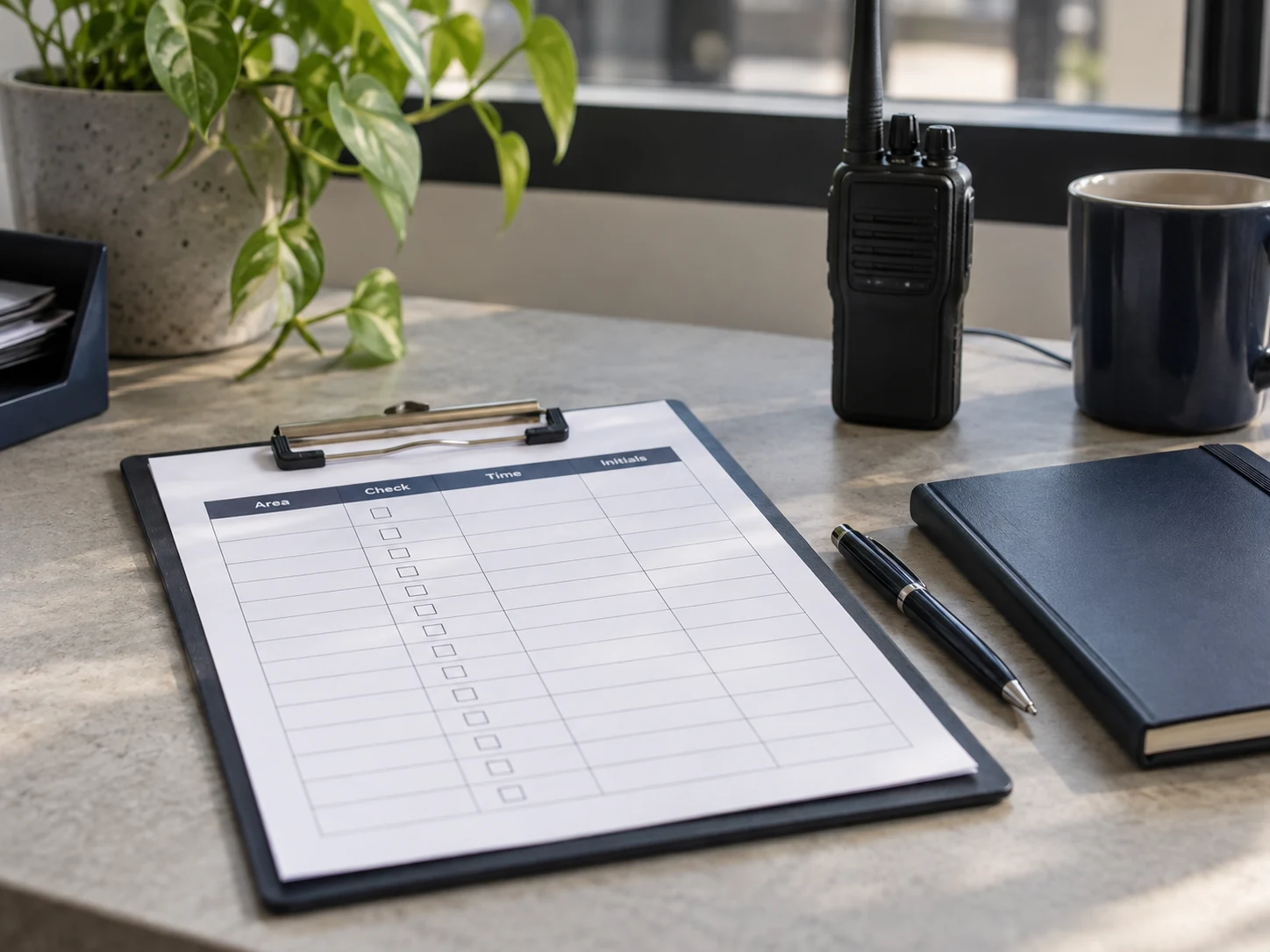 Inspection checklist, notebook and radio on an operations desk.